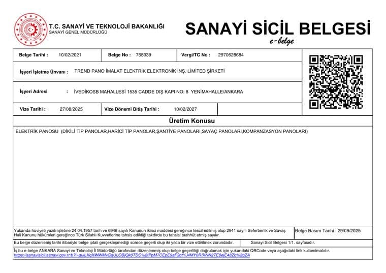 Sanayi Sicil Belgesi — T.C. Sanayi ve Teknoloji Bakanlığı